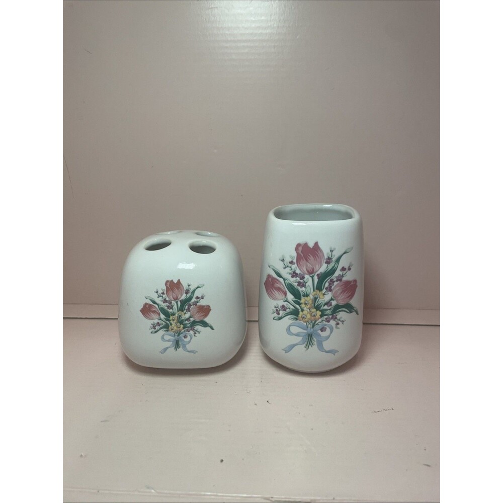Vtg Restroom Granny Decor 2 Pc Ceramic Toothbrush Holder Cup Pink Cottagecore